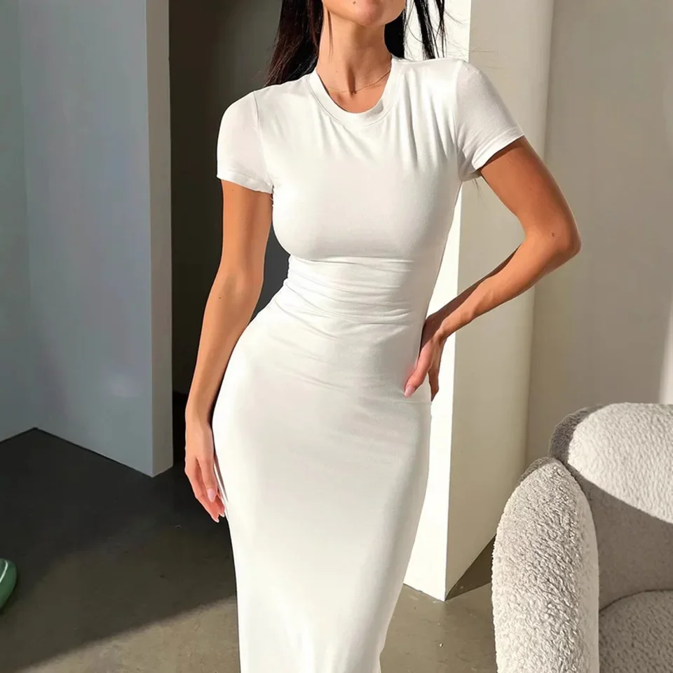 

Women's 2025 New Fashion Casual Sexy Solid Color Round Neck Slim Sexy Short-sleeved Dress For Women's Tight Robe Street Style