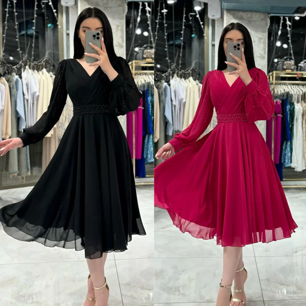 

Customized Evening Chiffon Beading Draped Pleat Party A-line V-Neck Bespoke Occasion Gown Knee Length Dresses