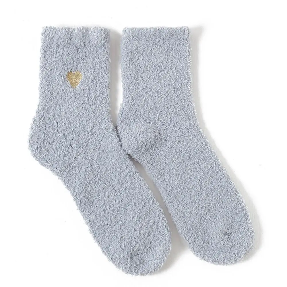 

Warm Kawaii Simple Solid Color Love Embroidery Girls Coral Fleece Socks Cute Floor Socks Mid-tube Socks Female Hosiery