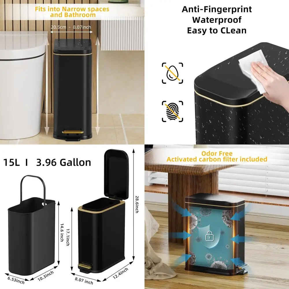 

15L Rectangular Step-On Trash Can with Soft-Close Lid and Removable Bin for Home and Office