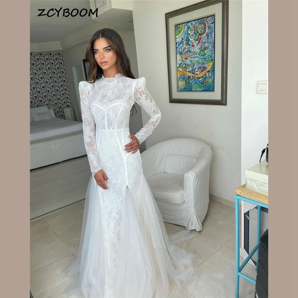 

Simple White High-Neck Long Sleeves Wedding Dress 2023 Boho Mermaid Floor Length Sweep Train Tulle Appliques Zipper Bridal Gown