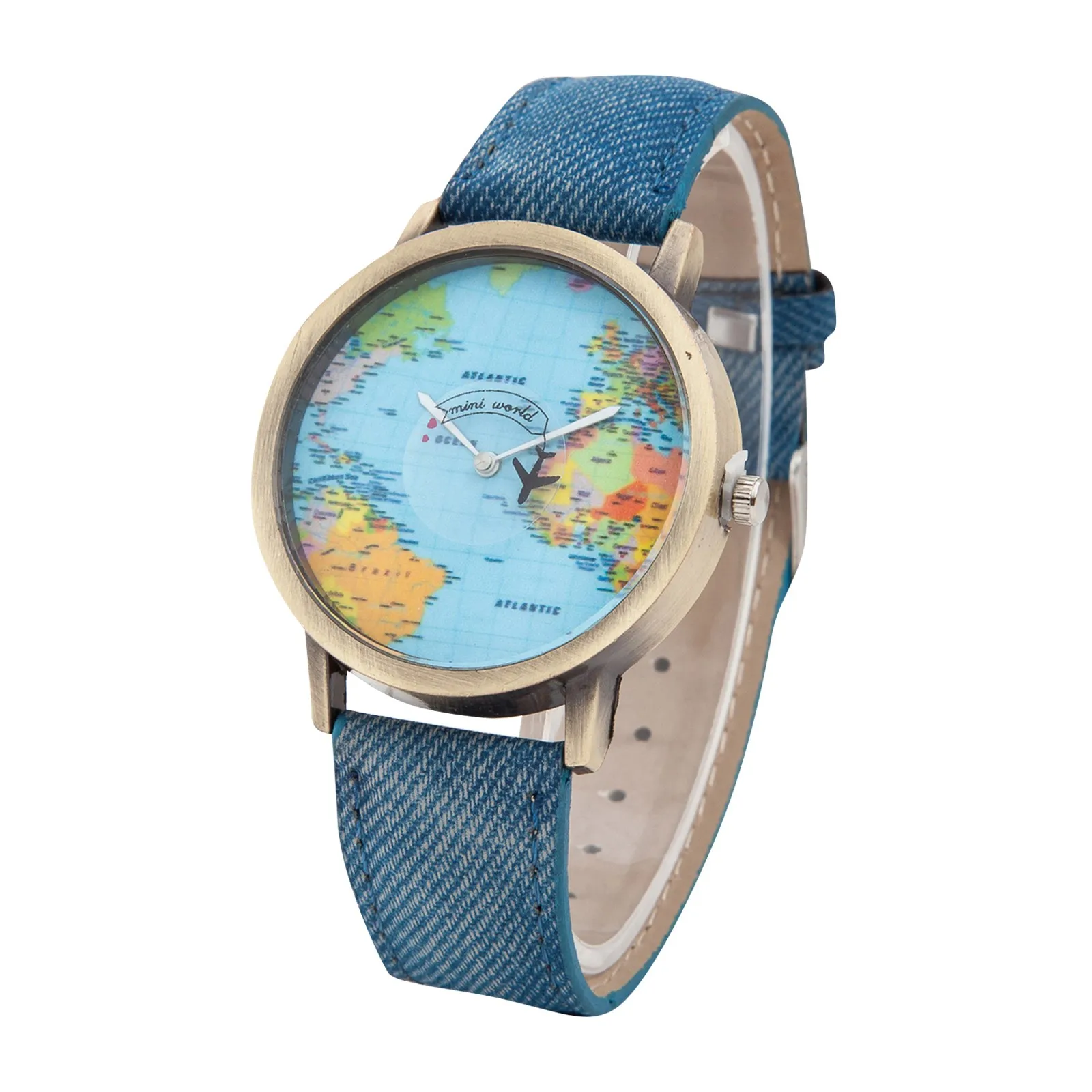 

Women Quartz Watches Fashion Trend Global World Map Plane Pattern Watch Imitation Denim Fabric Strap Casual Wristwatch For Gift