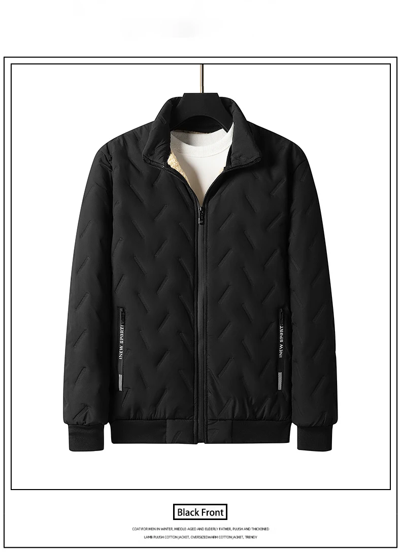 Men\'s Embossed Fleece Padded Jacket Outdoor Windproof Fur Collar Jacket Men\'s Classic Black and Grey Padded Thermal Jacket