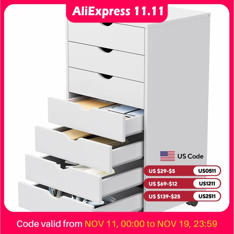 JHK 7 Drawer Chest Dressers Nightstand Storage Cabinet Wooden File Office Mobile Cabinet Wheels Living Room Organizer Rolling