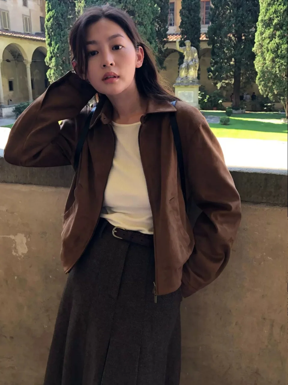 

Howus Wu Qianyu Zipper American Retro Motorcycle Jaet Neutral Sle Collar ort Outerwear for Women Loose Fit Regular Thic...