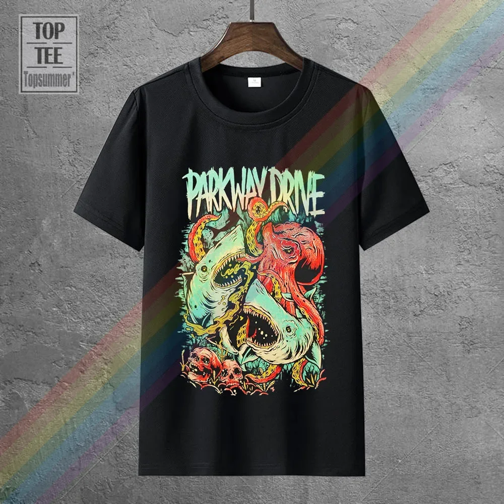 Camiseta de manga curta masculina oficial da Parkway Drive, banda Sharktapuss Merch Metalcore 50 Lions Print, nova moda