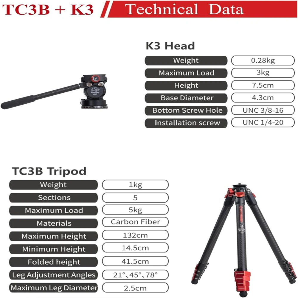 IFOOTAGE 탄소 섬유 삼각대 TC3B, 카메라용 탄소 섬유 삼각대, 울트라 포터블, 안정적이며 컴팩트 여행용 삼각대, 헤드 포함