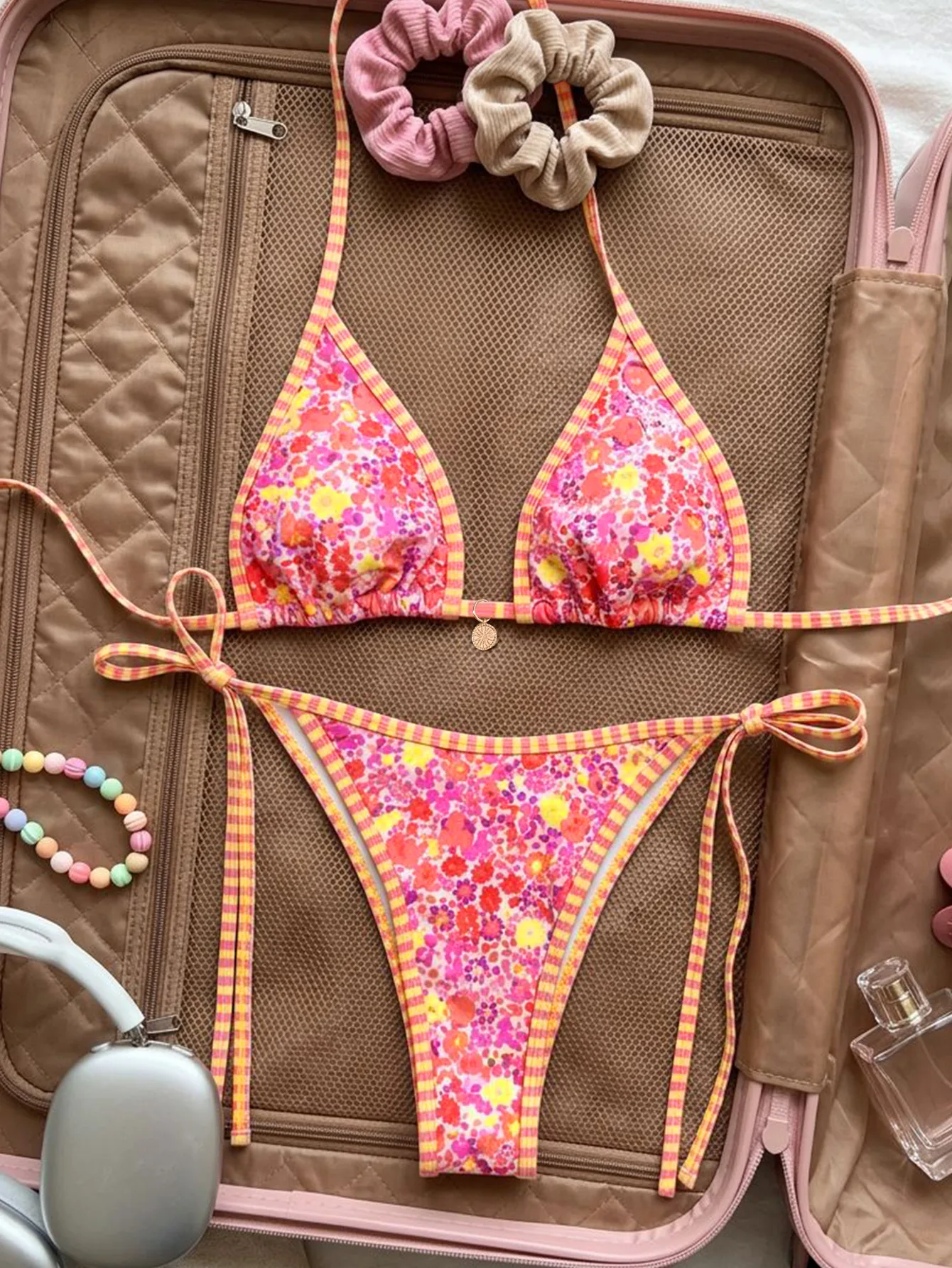 Micro Bikini Sexy con Estampado Floral Rosa para Mujer, Top Halter con Push-Up, Tanga con Lazos Laterales, Traje de Baño 2026 para Playa y Vacaciones