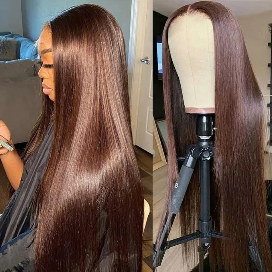 Chocolate Brown 40 46 inch Long Lace Front Straight Human Hair Colored Wig 13x4 13x6 HD Transparent Lace Full Frontal Wig