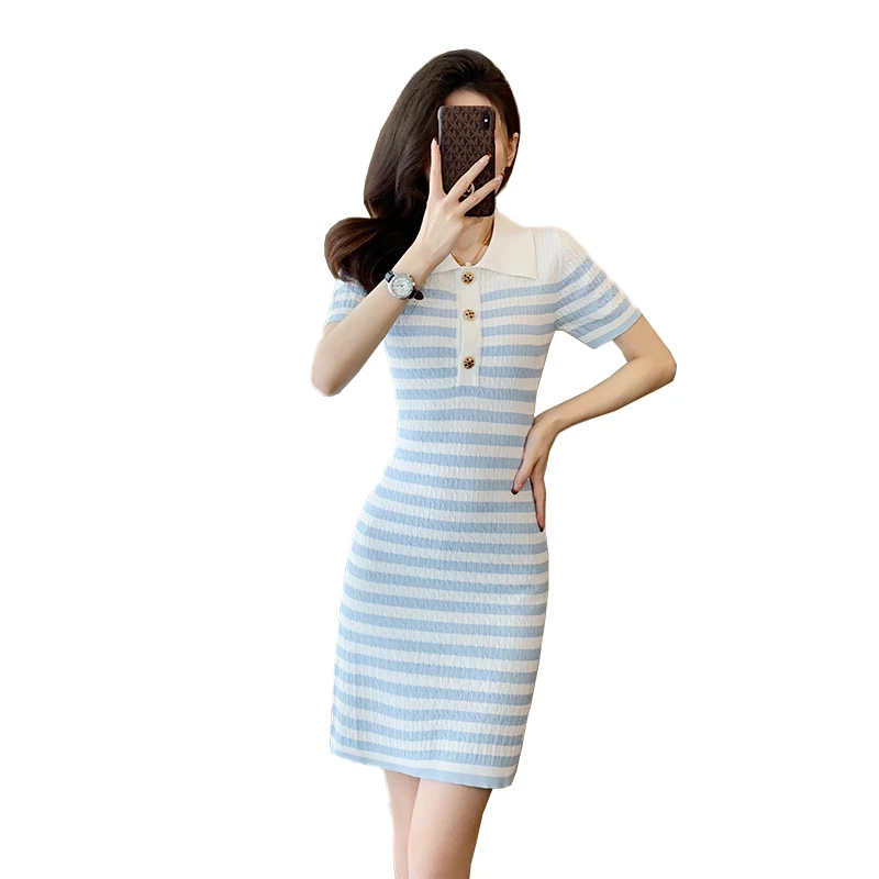 

Women's sky blue striped high waisted knitted dress 2024 new summer short sleeved small fragrant A-line skirt