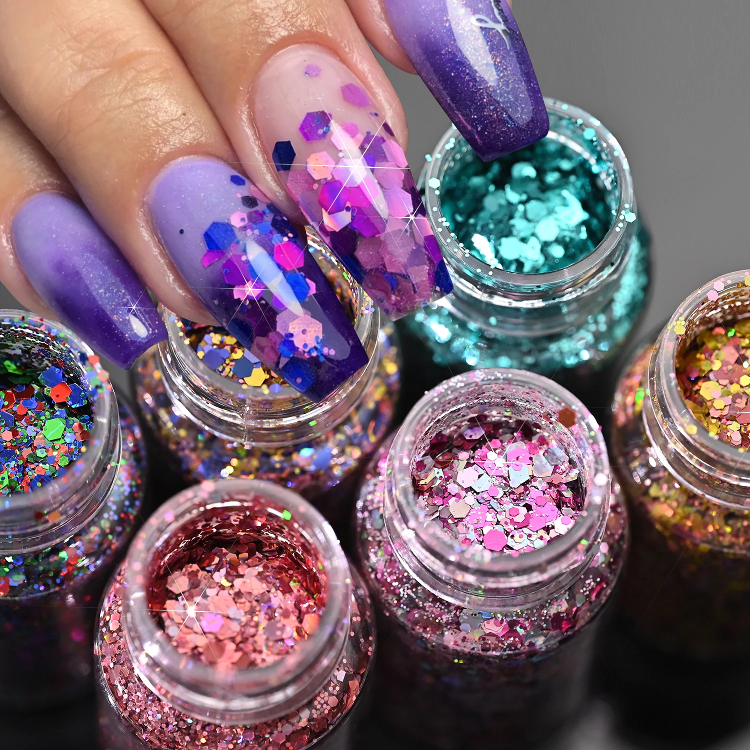 6Bottles 3D Holographic Nail Glitter Sequins Mixed-Sizes Hexagon Chunky Nails Flakes for DIY Crafts Manicure Decorations Powder