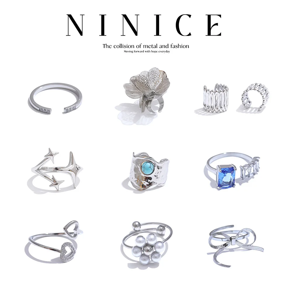 NiNice Rings Stainless Steel Flower Carving Zirconia Selected Jewelry Fashion and Personalized Design Sense Gift