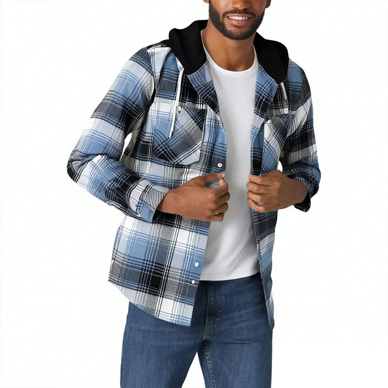 

Новинка 2025 года, мужская рубашка с рисунком, свободная клетчатая рубашка с капюшоном и длинными рукавами, мужская повседневная мужская одежда большого размера, многофункциональный топ