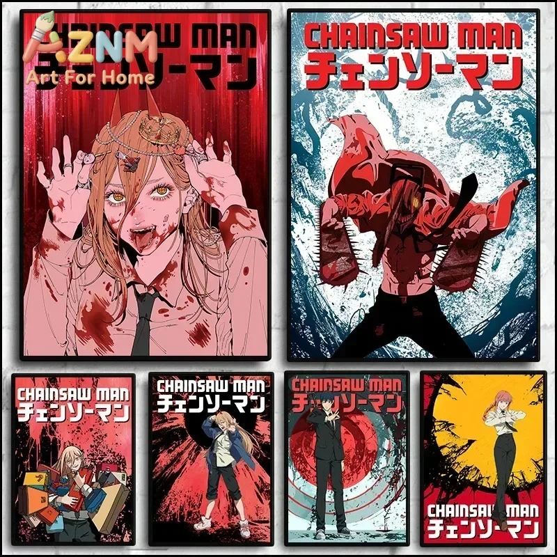 AZNM Chainsaw Man Anime Canvas Wall Art Power Denji Makima Hayakawa Aki Manga Canvas Print Bedroom Decor Poster