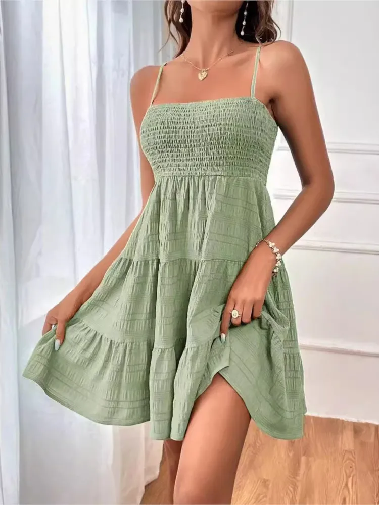 Summer New One-line Collar Thin Straps Tube Top Sexy Women's Textured Dress Fashion Splicing Large Swing Female Seaside Dresses
