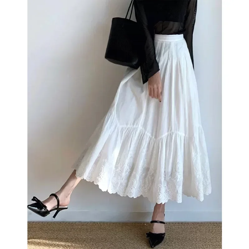 

French Embroidered Cotton Lace White Half Skirt Women Summer 2025 Elastic Waist Slimming Midi A- Line Skirt Floral Decorations