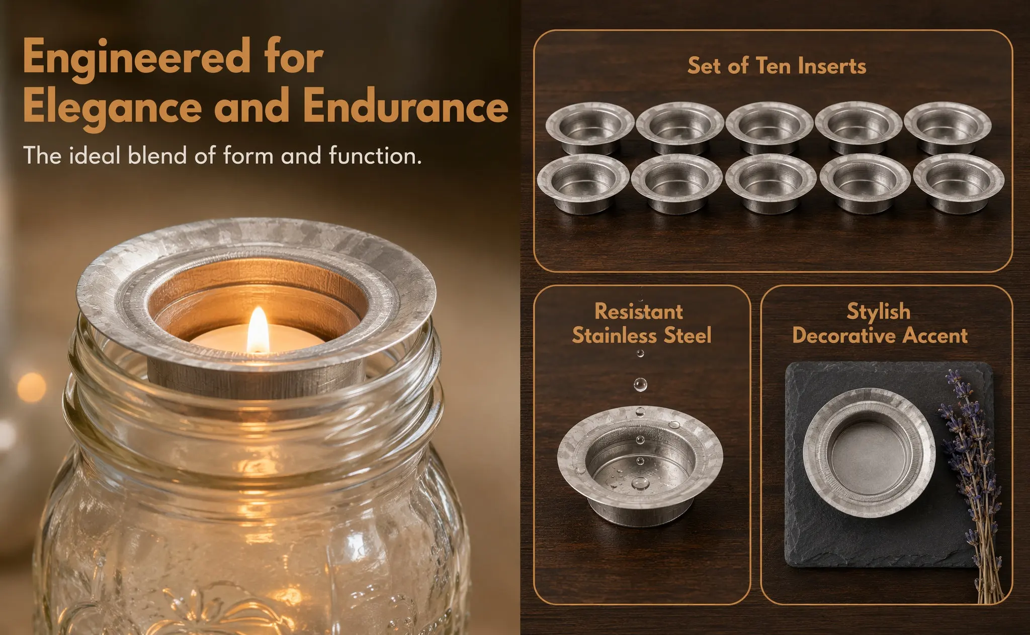 10Pcs Decorative Holder Inserts Stainless Steel Jar Lid Topper for Regular Mouth Jars Indoor Tea Light