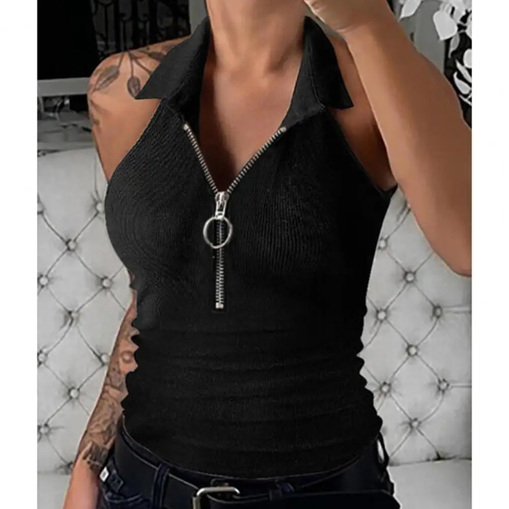 Tank Top Women Sexy Vest Summer Zipper Large V-neck Sleeveless Shirt Vest Classic Solid Color Casual Slim Lapel Top