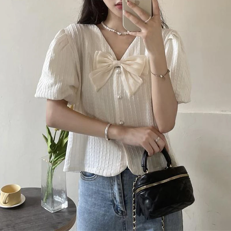 Women Stylish Bow Sweet Chic Luxury Beads Button Shirts Elegant V Neck Short Sleeve Blouses Female Solid Loose Kawaii Fairy Tops