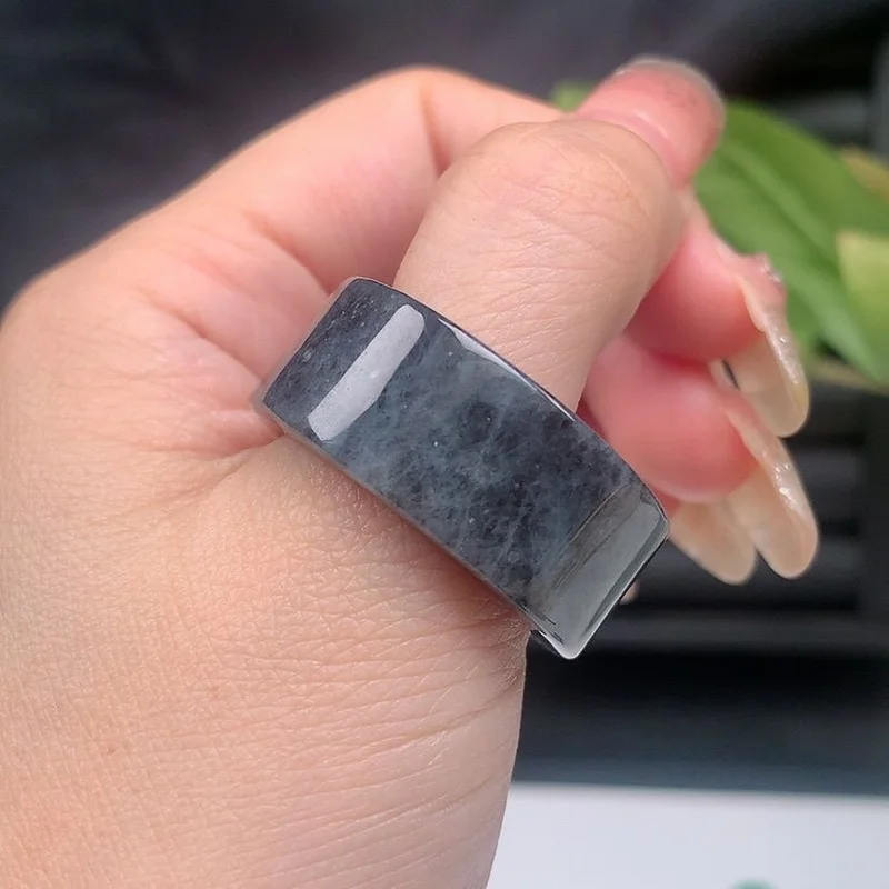 Old Mine , Black , Ink Painting Style Landscape Ring, Burmese Jadeite, Icy and Lustrous