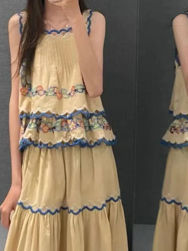 

Quali Summer Vintage Hollow Embroidered Flower Double Layer Lace irt Strap Women Heart plus f Skirt Cotton Linen Blend