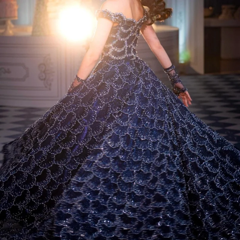 Shiny Dark Blue Quinceanera Dresses Off the Shoulder Crystal Glitter Decal Long tail Vestidoe 15 Quinceanera Customize