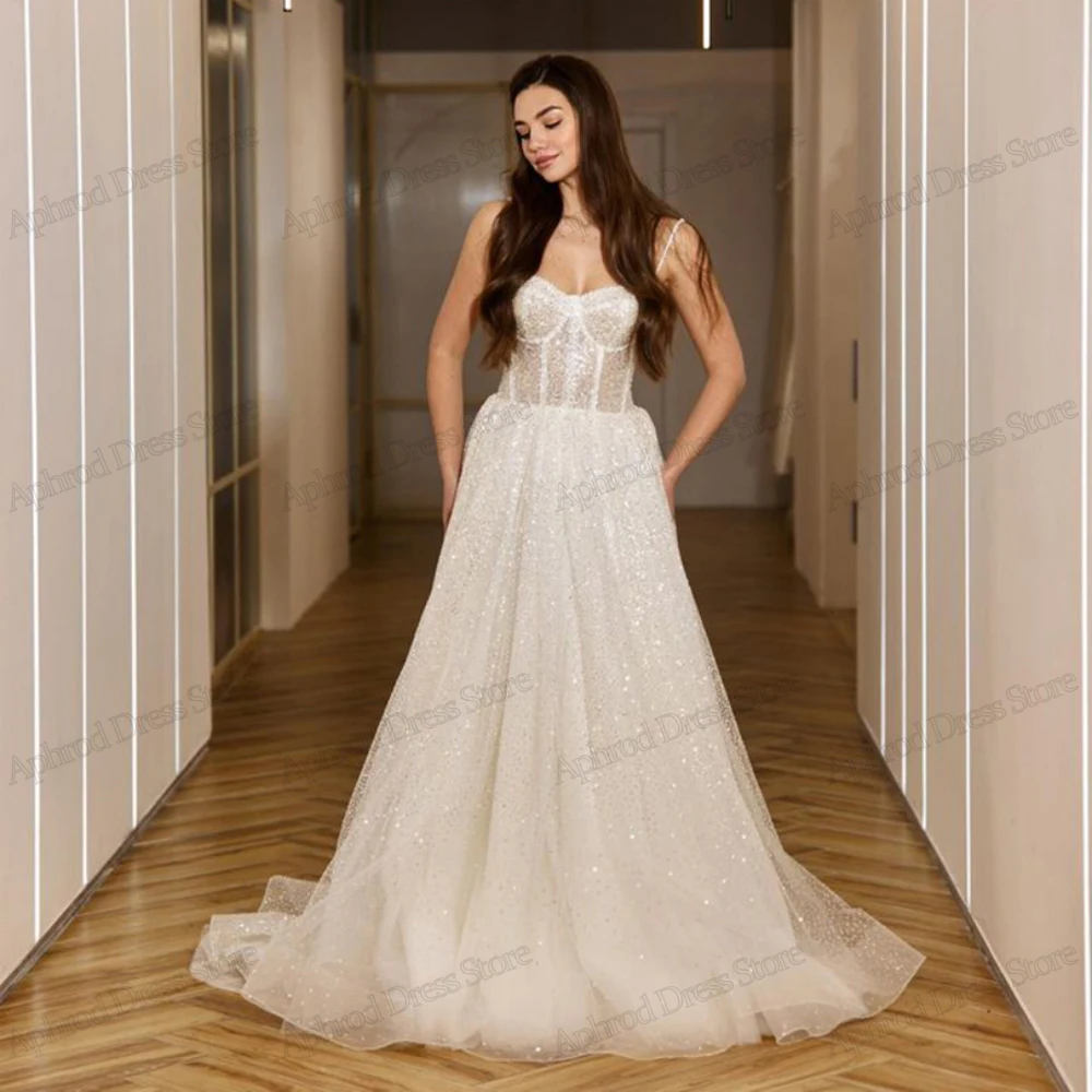 Abiti da sposa semplici abiti da sposa glitterati abiti a cuore spalline senza spalline lunghezza del pavimento senza maniche Vestidos De Novia 2024