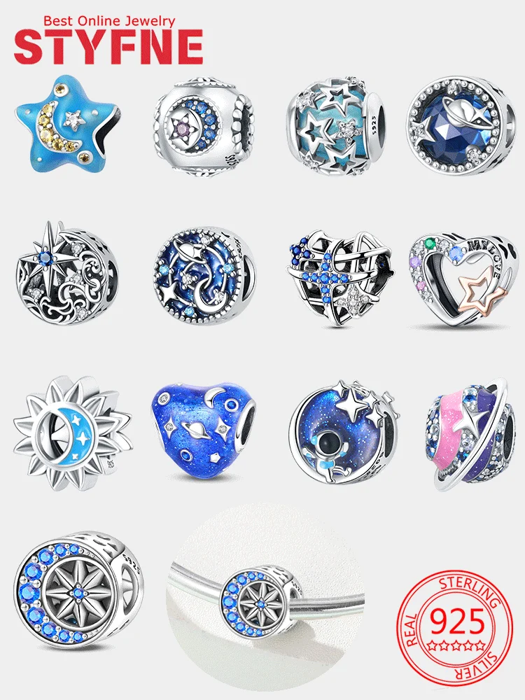 

Blue Zircon Heart-shaped Starry Sky Moon and Stars Charms Beads Fit 925 Sterling Silver DIY Bracelet Women Jewelry Fine Gift