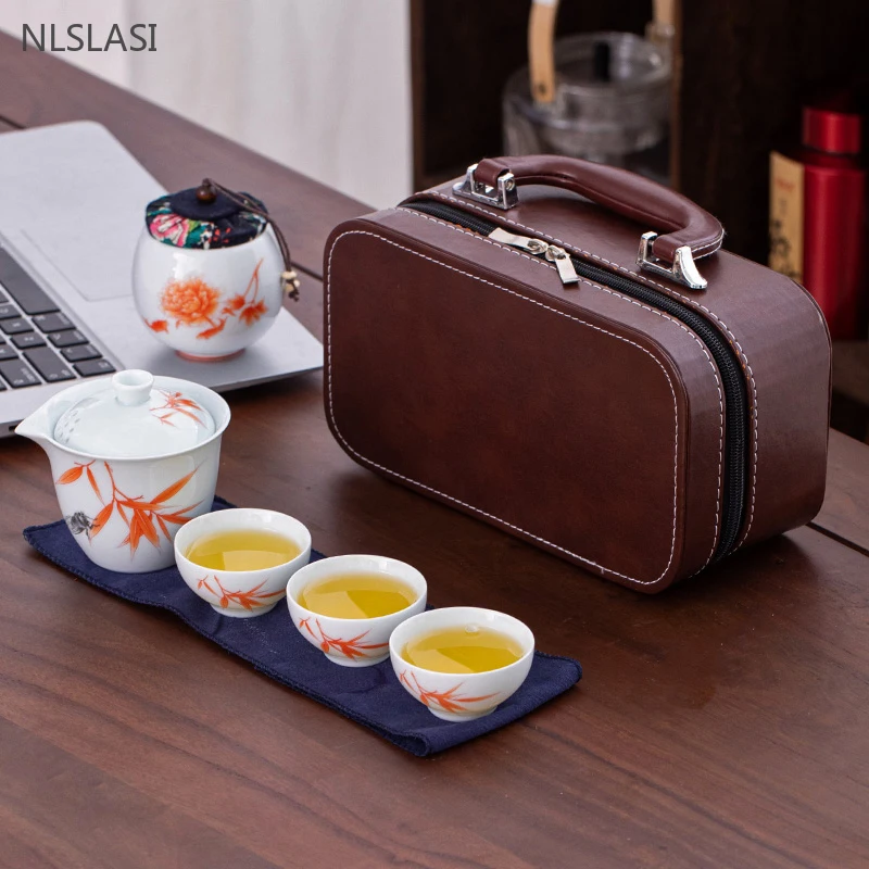 

Ceramic Travel Tea Set Home Tea Infuser Storage Set Outdoor Portable Teaware One Pot Three Cups Custom Tea Ceremony Gift