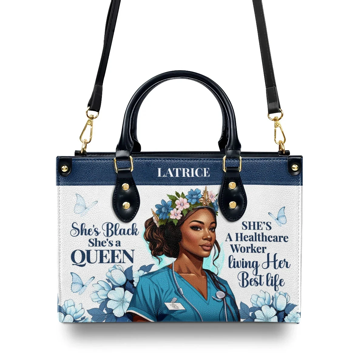 She's Black She's A Queen She's A Healthcare Worker Living Her Best Life - Personalized Leather Handbag Luxury Drop Shipping POD