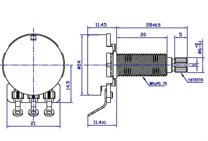 Guyker A500K Messing-Basspotentiometer mit langer Achse, A250K Basspotentiometer mit kurzer Achse. Ein detailliertes Maßdiagramm finden Sie im Anhang. – Detail 1