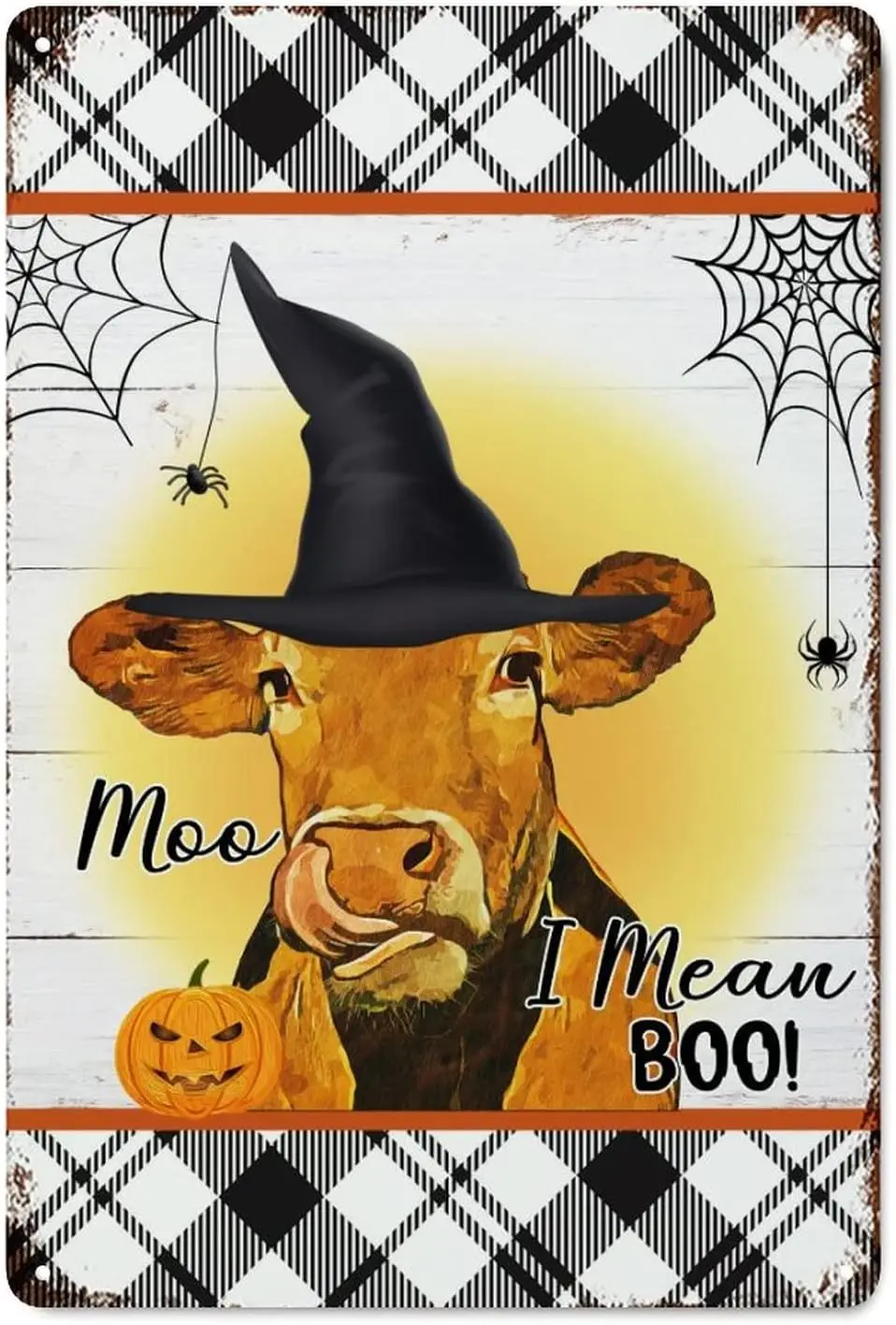 Retro Halloween Metal Signs Funny Halloween Cow Halloween,Plaid,Witch Hat,Boo Ghost Cow Pumpkin Moo I Mean Boo Metal Tin Sign Po