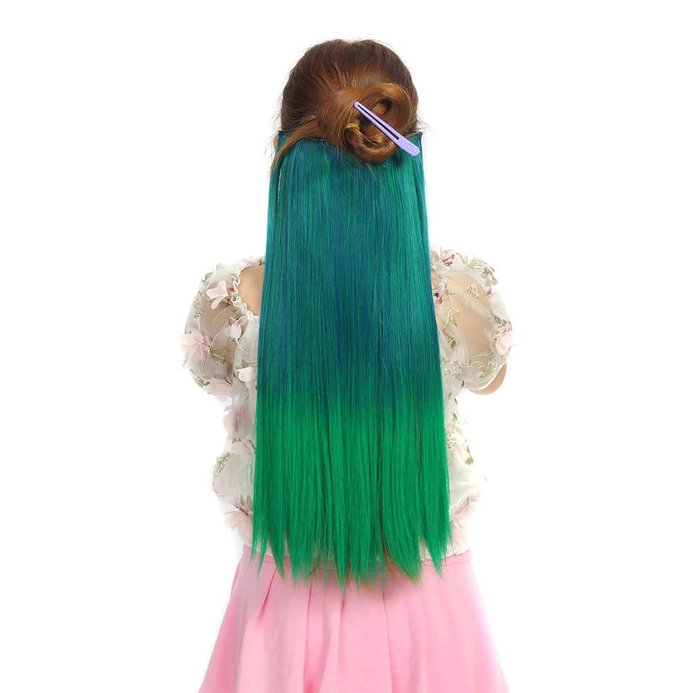 Clip in One Piece Hair Extension Long Straight Synthetic Black Blue Gray Green Ombre Color Hairpieces