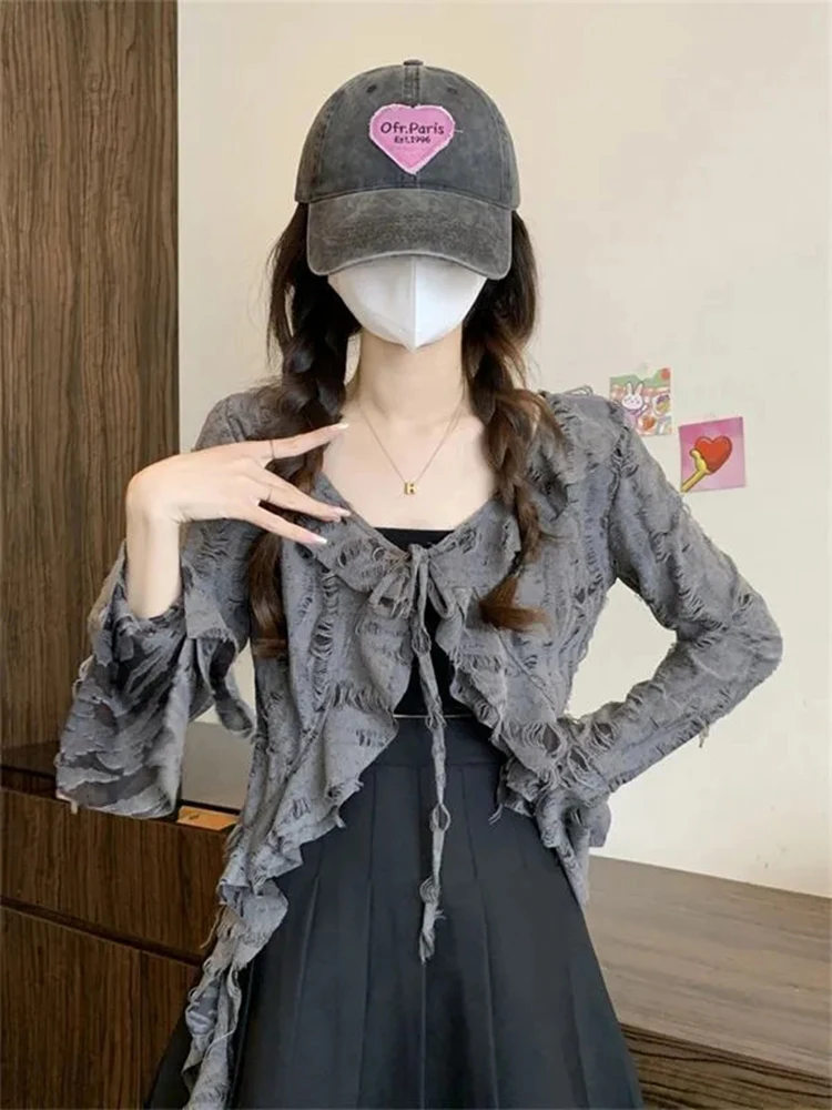 

Women Y2K Knit Cardigan Wasteland Ruffles Ribbon Irregular Cropped Coats V Neck Flare Long Sleeve Fashion Hole Streetwear Tops