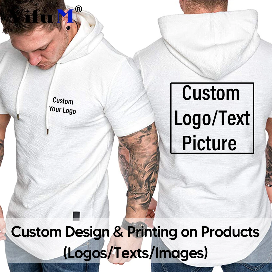 

DIY Print Logo Sport T shirt Short Sleeves for Men Gym Clothing Men's Bodybuilding Hooded Short Sleeve Sweatshirt Fitness Top