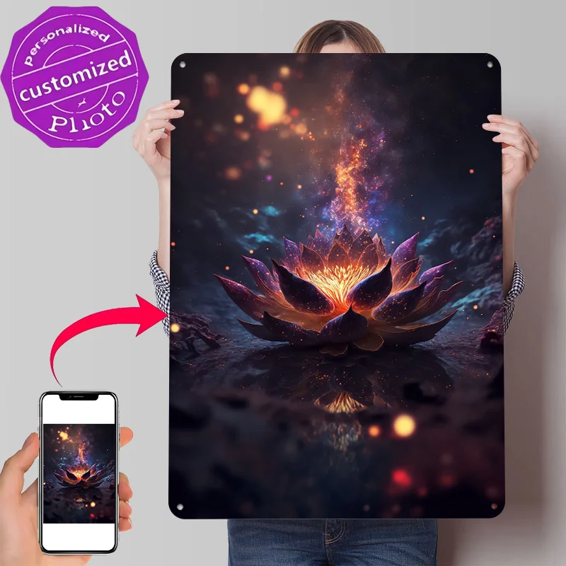 Cosmic Bloom - Letrero de Metal con Textura 3D Personalizado con Diseño de Loto Negro, Decoración de Pared para Habitaciones, Artículos de Decoración para el Hogar