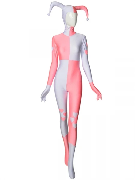 

Halloween Pink and White Quinn Woman Cosplay Costume Spandex Zentai Bodysuit for Adult