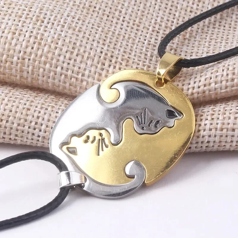 Collier de chat en acier inoxydable Yinyang pour femme, bijoux de couple, coeur brisé rond, pendentif double document, épissage, cadeaux pour les amoureux