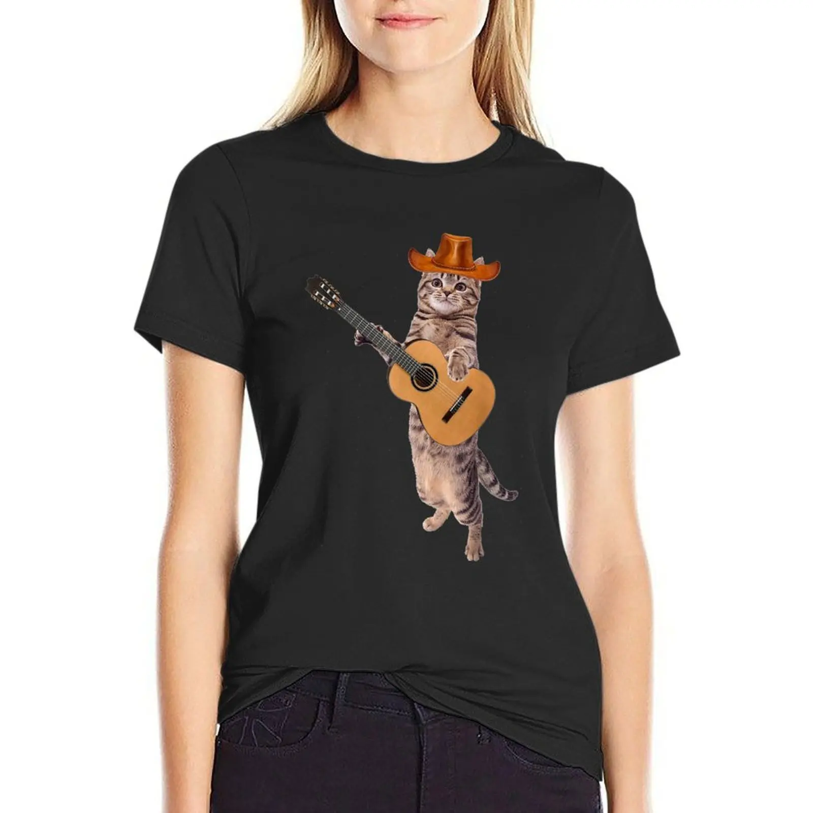 

Cat Playing The Acoustic Guitar Funny Cat Guitar Musician T-Shirt sweat kawaii clothes plain Woman clothing