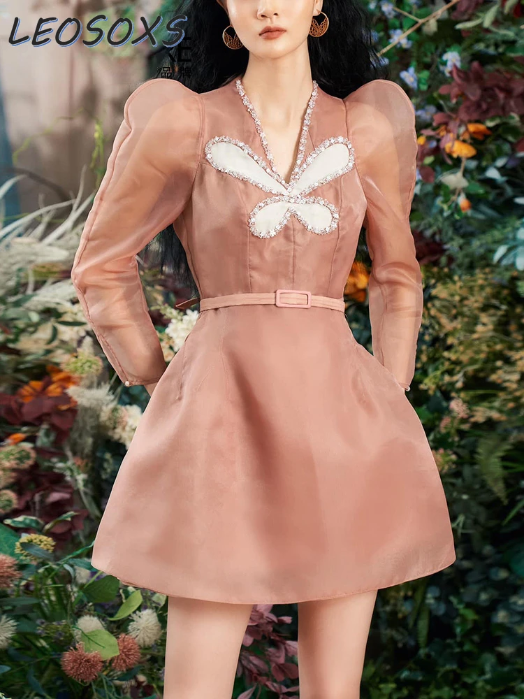 

Early Autumn Women Orange Dress Retro Socialite Puff Sleeve Design Bow Elegant Hot Drilling V-neck High Waist A- Line Mini Dress