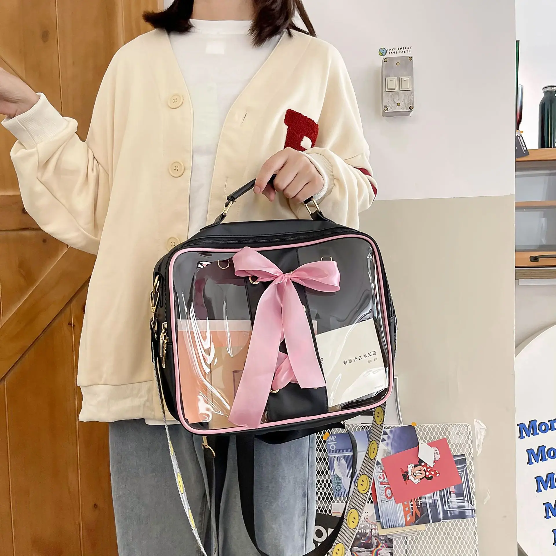 Bolso de hombro transparente con cinta de colores para mujer, bandolera de gran capacidad para estudiantes, mochila multiusos, itabag