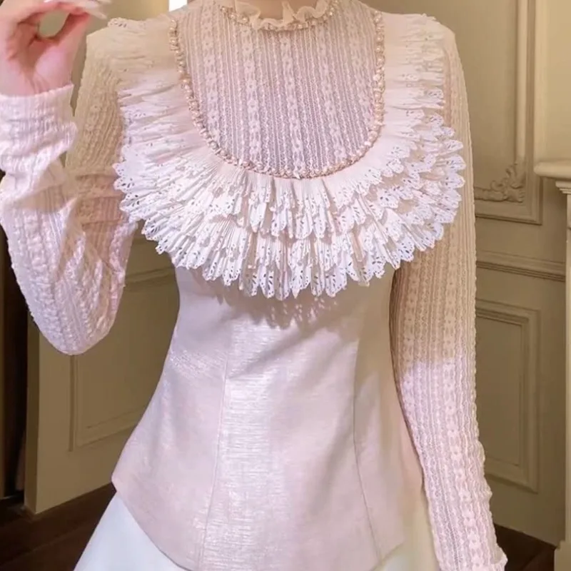 Chemise à manches longues pour femmes, rétro français, industrie lourde, perles d'ongles, nouvelle mode d'automne 2025, taille polyvalente, haut amincissant