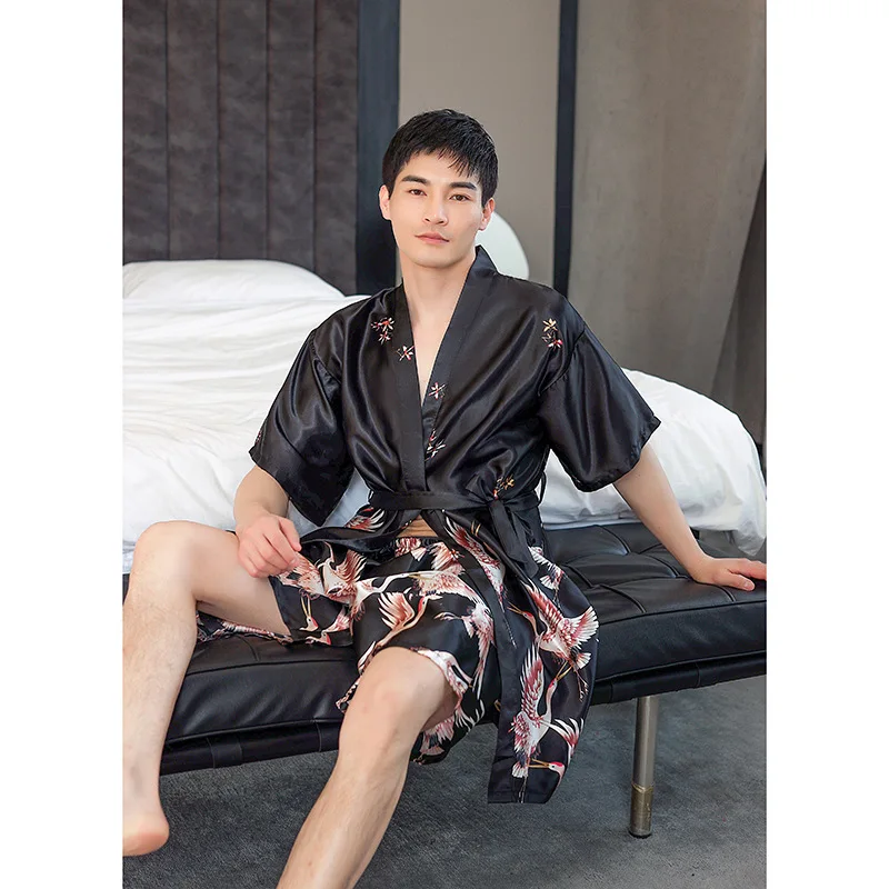 Ice Silk Men\'s Nightgown Robe Summer Thin Bathrobe Pajamas Crane Printed Mid-length Home Wear Chinese Casual Wear