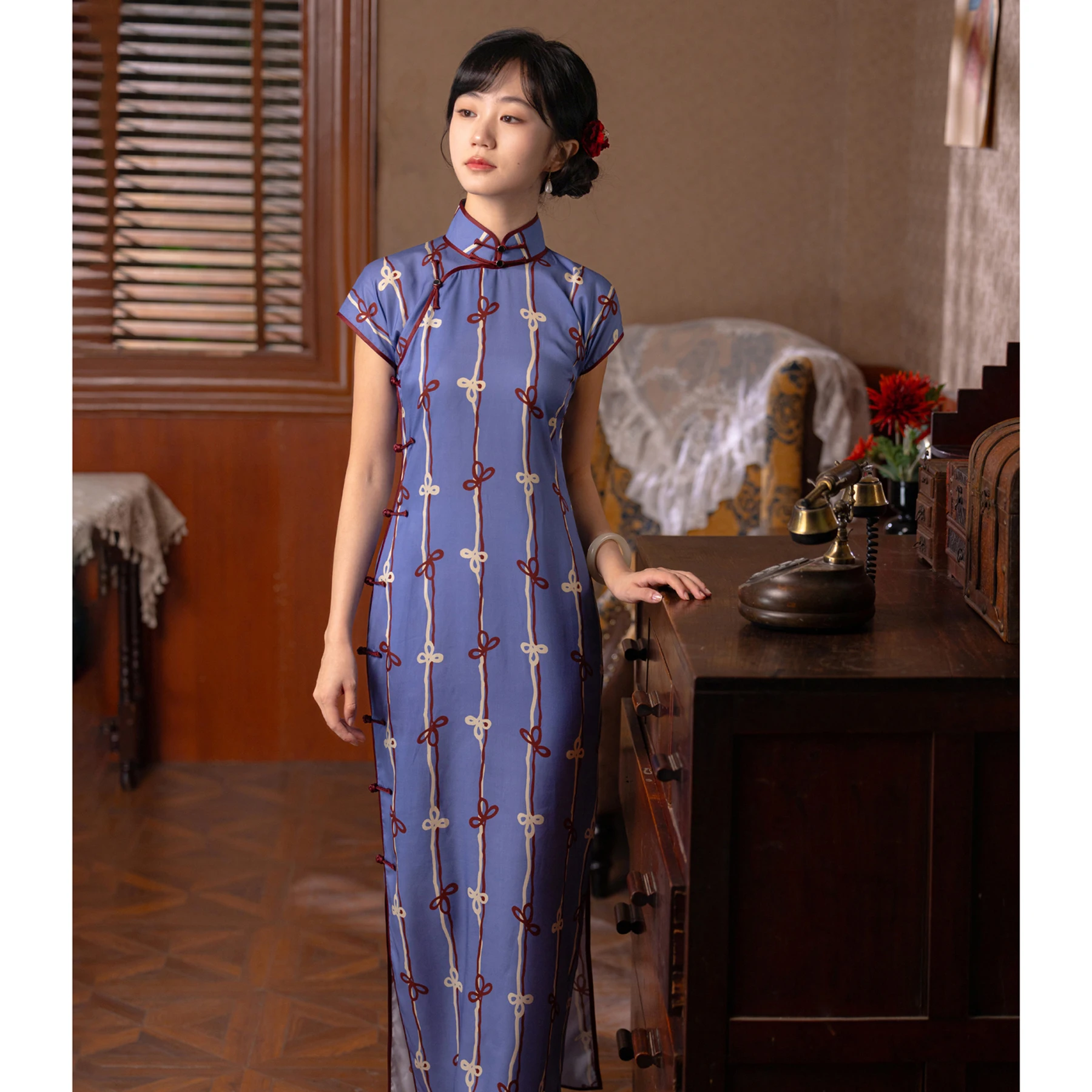 

Синее винтажное платье-макси с узловым принтом от Jijie, дышащее, с коротким рукавом, для повседневной носки