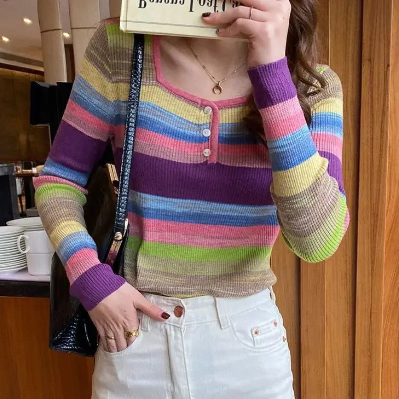 Matakawa Autumn Winter Women Sweaters Stripes Rainbow Square Neck Korean Fashion Pull Femme Contrast Color Retro Sueter Mujer