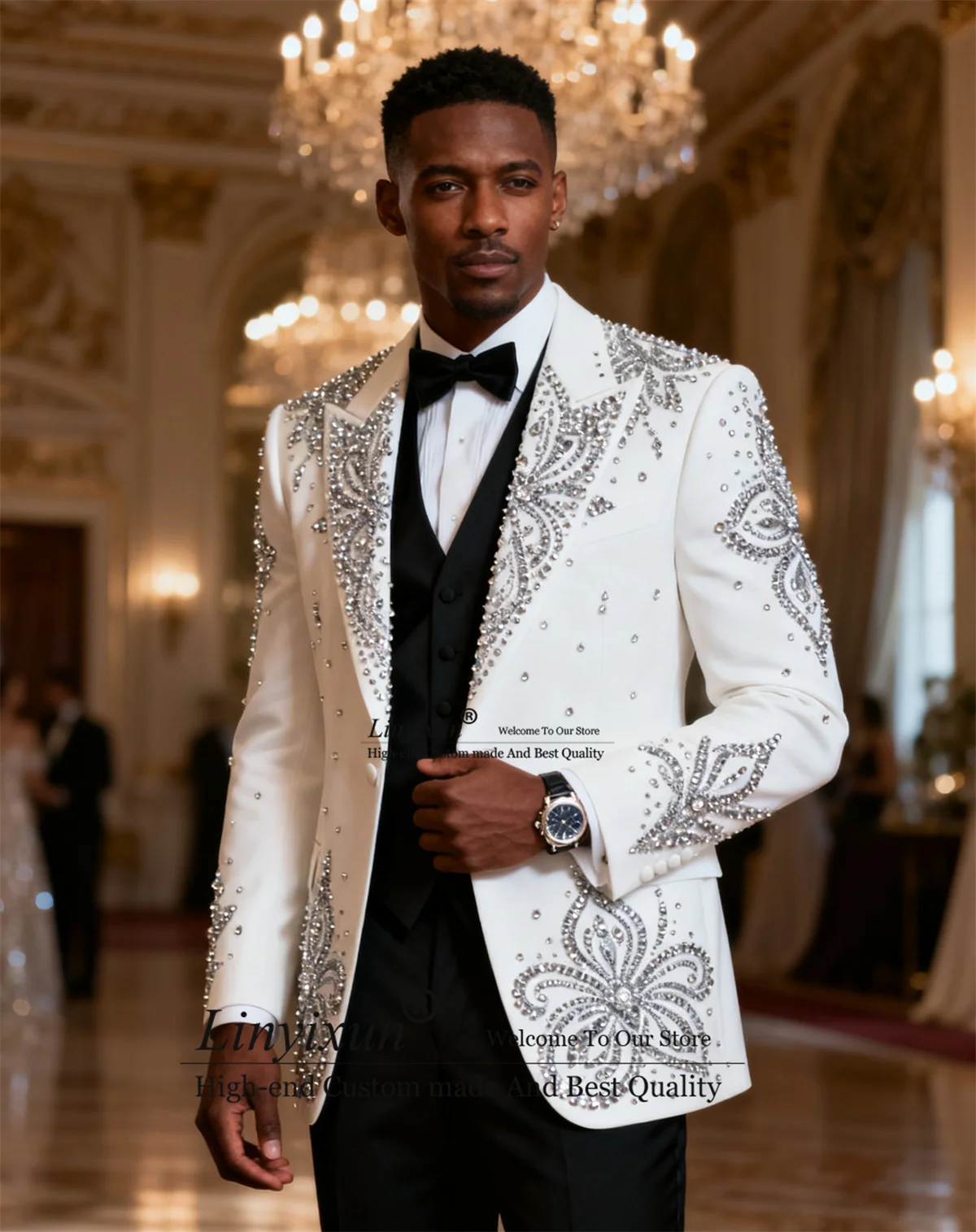 

Мужские костюмы с блестящими бриллиантами, комплекты из 3 предметов, смокинги для жениха, свадебная вечеринка, Ropa, пиджак, формальный костюм с остроконечными лацканами, Homme по индивидуальному заказу