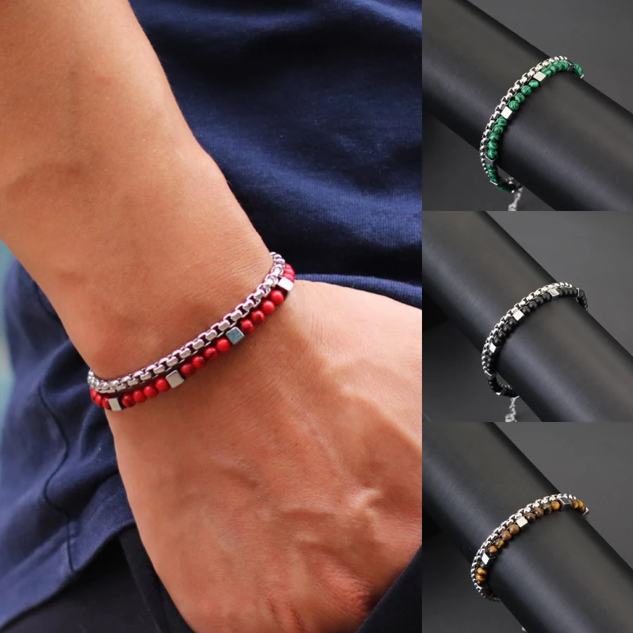 Punk 2Pcs/set Natural Stone Bracelet Men Apparel Accessories Stainless Steel Chain Tiger Eyes Beaded Braslet Homme Cool Pulseira