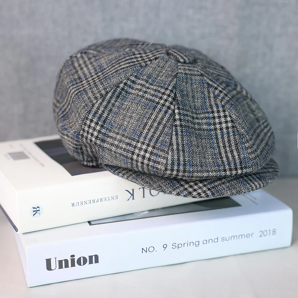 2025 New Men Wool Houndstooth Newsboy Hat Women Gatsby Cap Retro Gray Beret Hat Women Spring Autumn Winter Plaid Hat 013