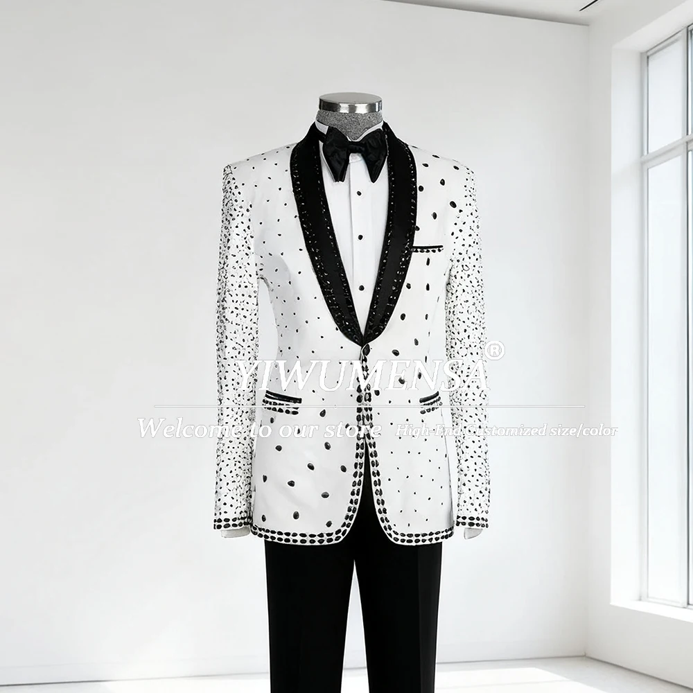 

Exquisite Rhinestone Beaded Suits Men Slim Fit Single Breasted Jacket Pants 2 Pieces Man Party Groom Wedding Tuxedos Customized