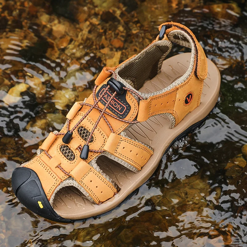 Sandales de gladiateur respirantes en cuir de vachette pour hommes et femmes, chaussures de plage en plein air, diapositives décontractées, baskets